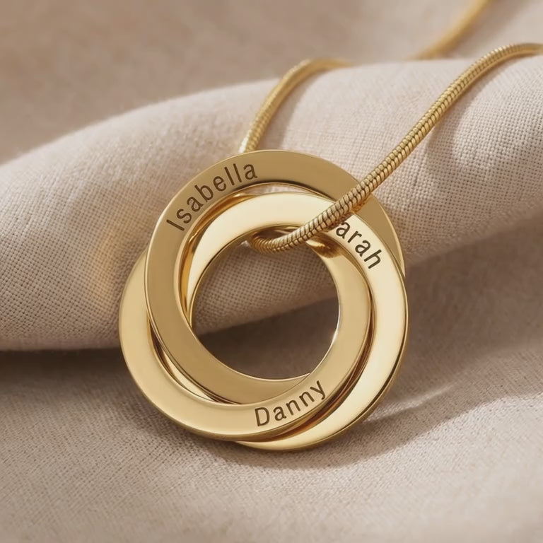 Interlinked Love Ring Necklace with interlocking rings shown in close-up product view