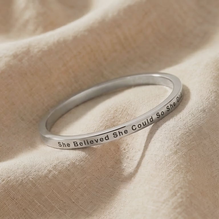 Video showing personalised inspirational bangle with engraved message and polished finish detail