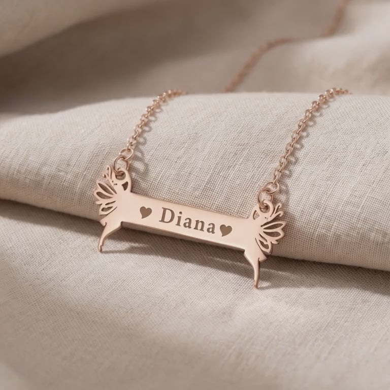 Fairy Name Bar Necklace with custom name engraving shown in close-up product view