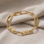 Endless Ties Bracelet gold personalized link bracelet with engraved name shown in close-up view