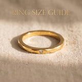 Prism ring size guide showing minimalist band width and geometric design proportions
