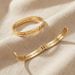 Promise bangles showing engraved message detail in layered or adjustable design styles