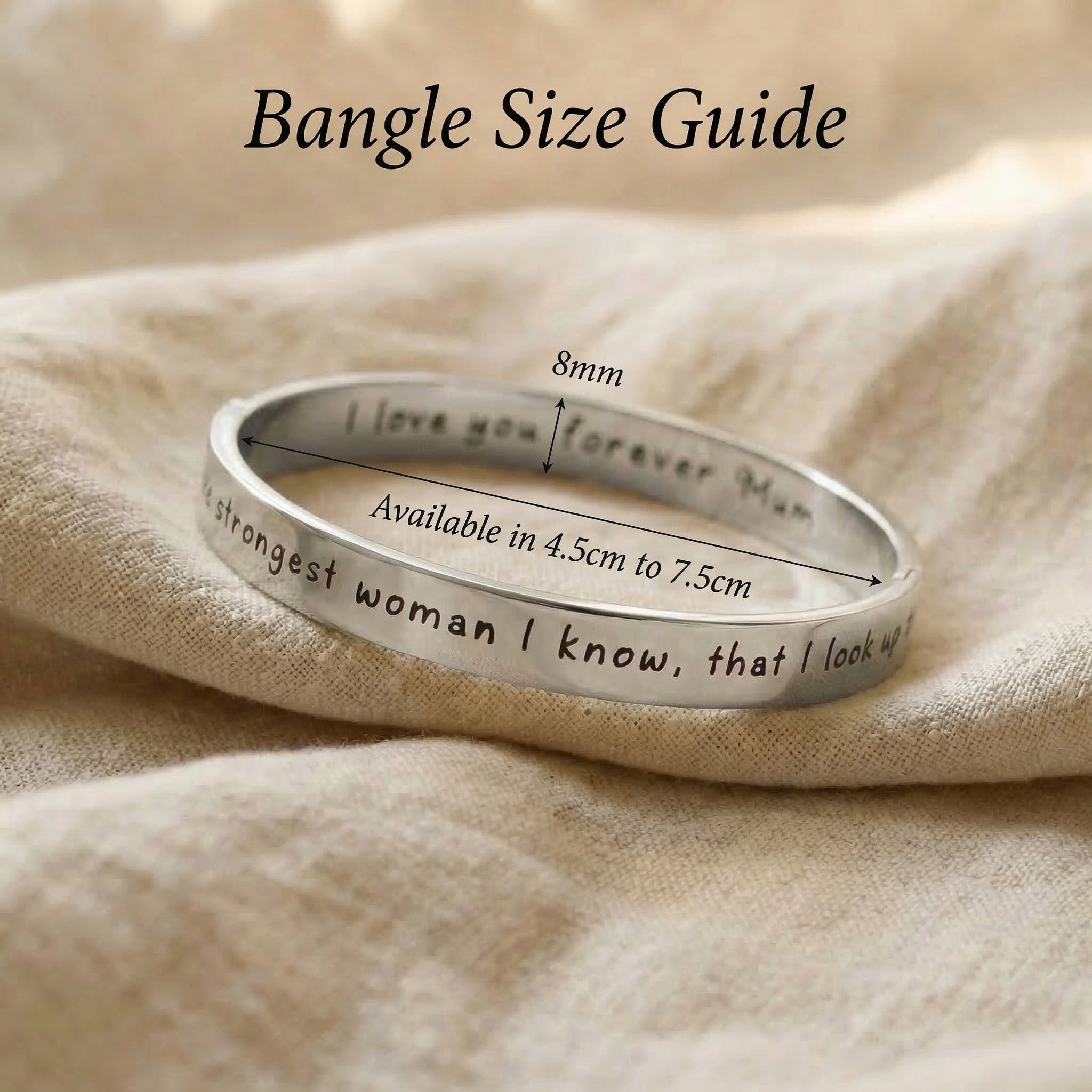 Personalised promise bangle size guide showing bracelet dimensions and engraving detail