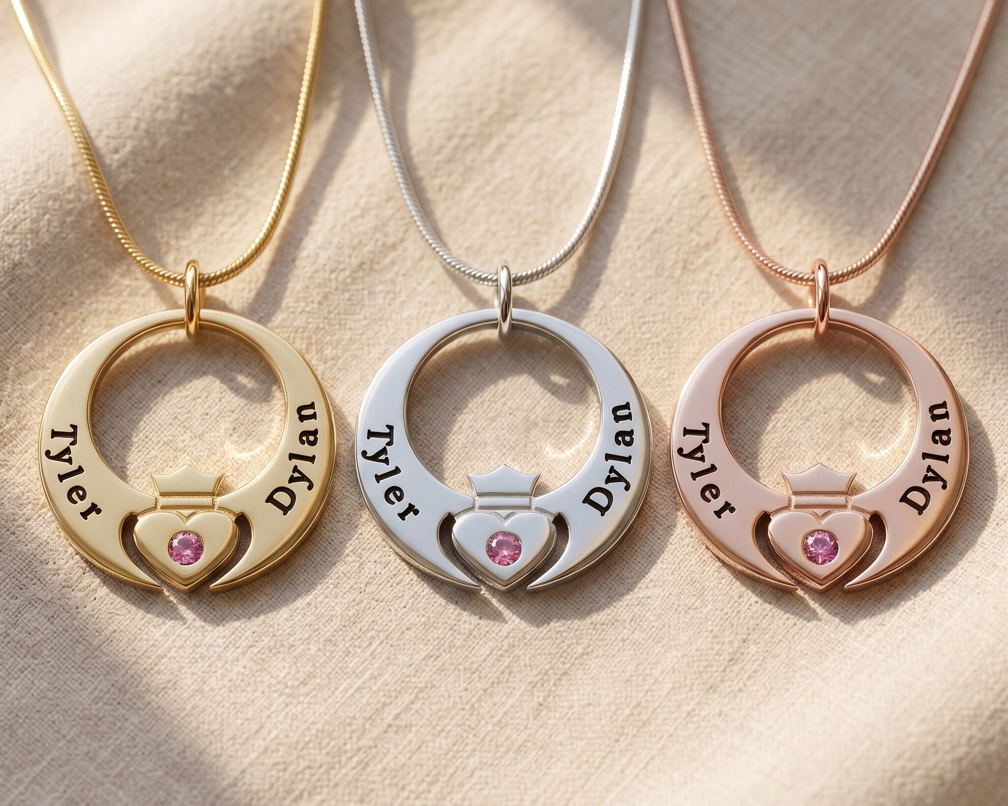 Queen of my heart necklace tone comparison showing gold, silver and rose gold mum keepsake jewellery finishes