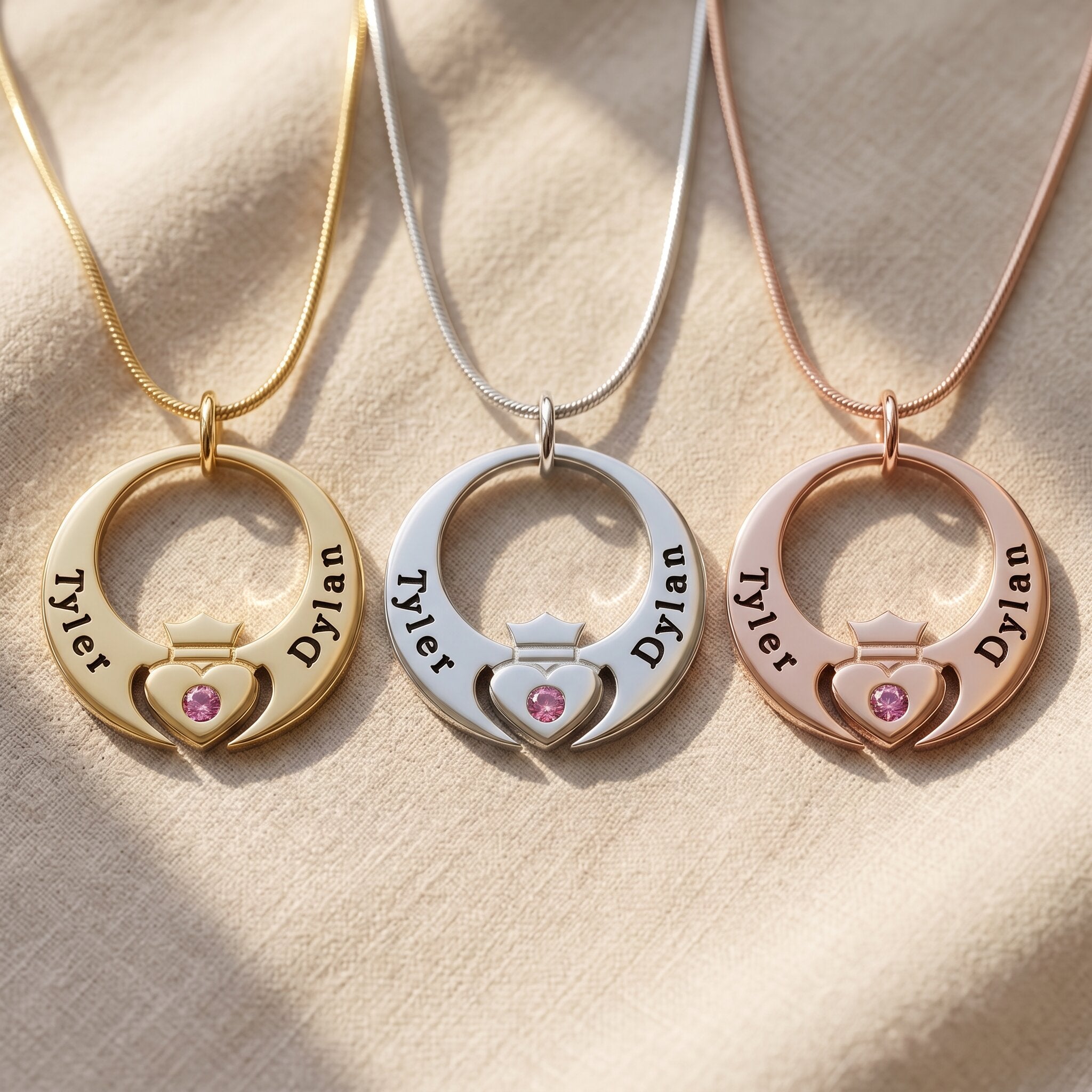 Queen of my heart necklace tone comparison showing gold, silver and rose gold mum keepsake jewellery finishes