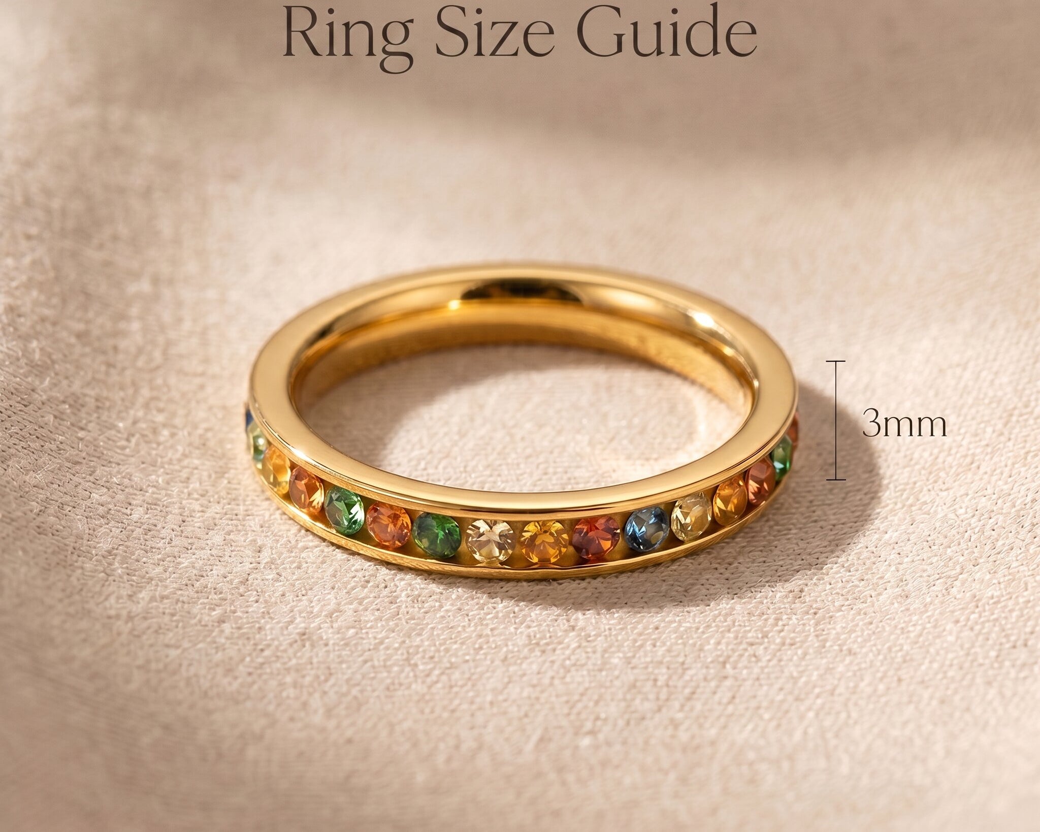 Rainbow crystal ring size guide showing gemstone band width and colourful stone detail proportions