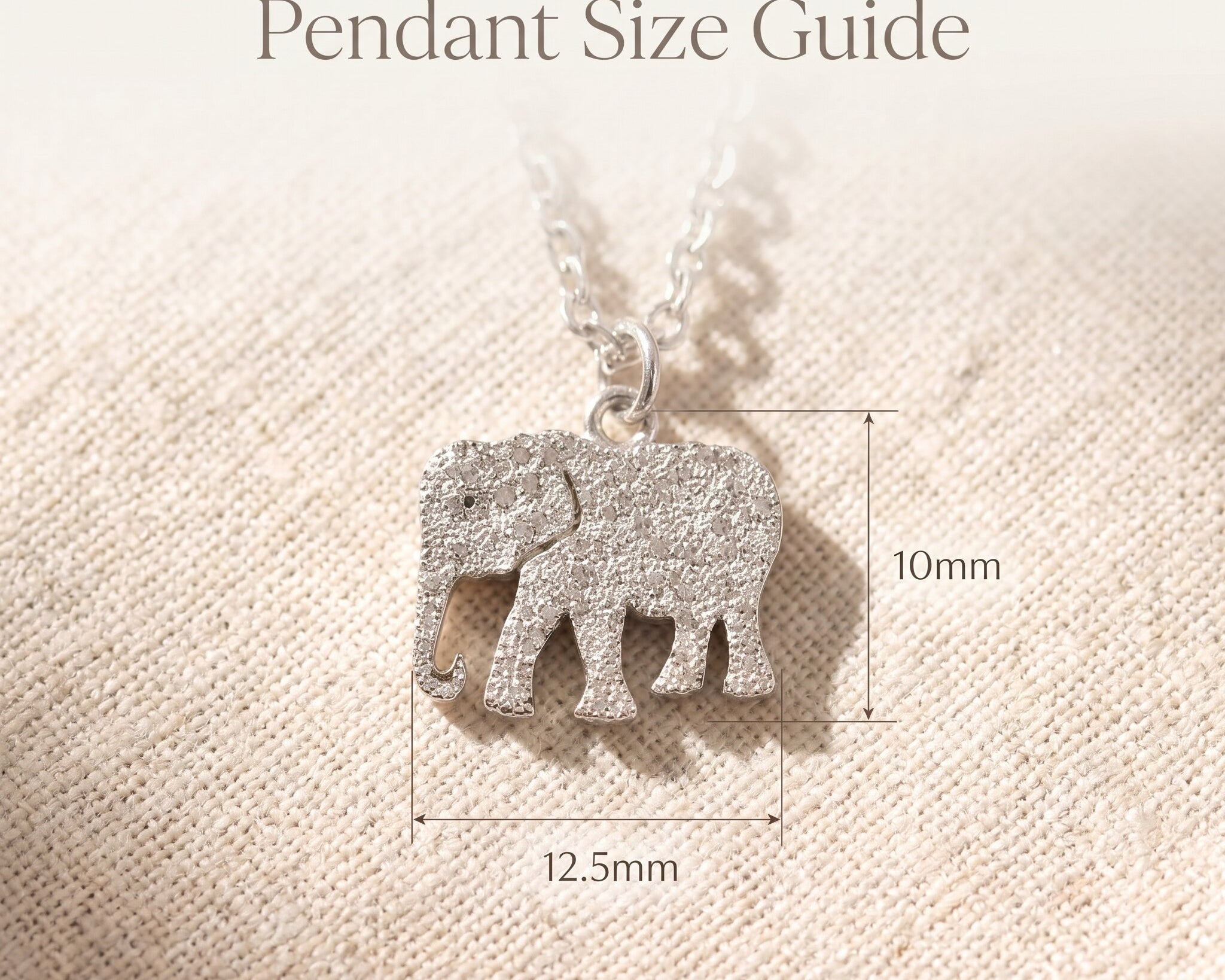 Remember necklace size guide showing elephant pendant dimensions and chain length