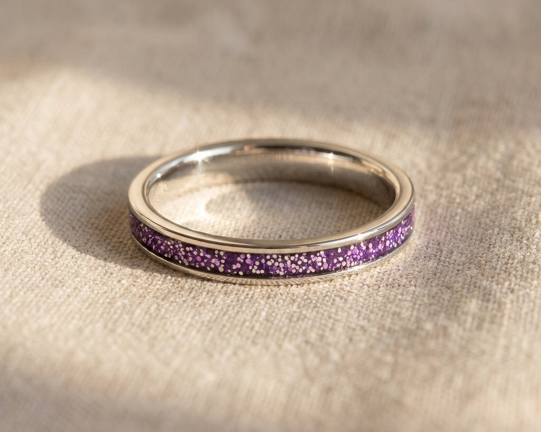River ring with purple gemstone band, minimalist stackable jewellery gift for her