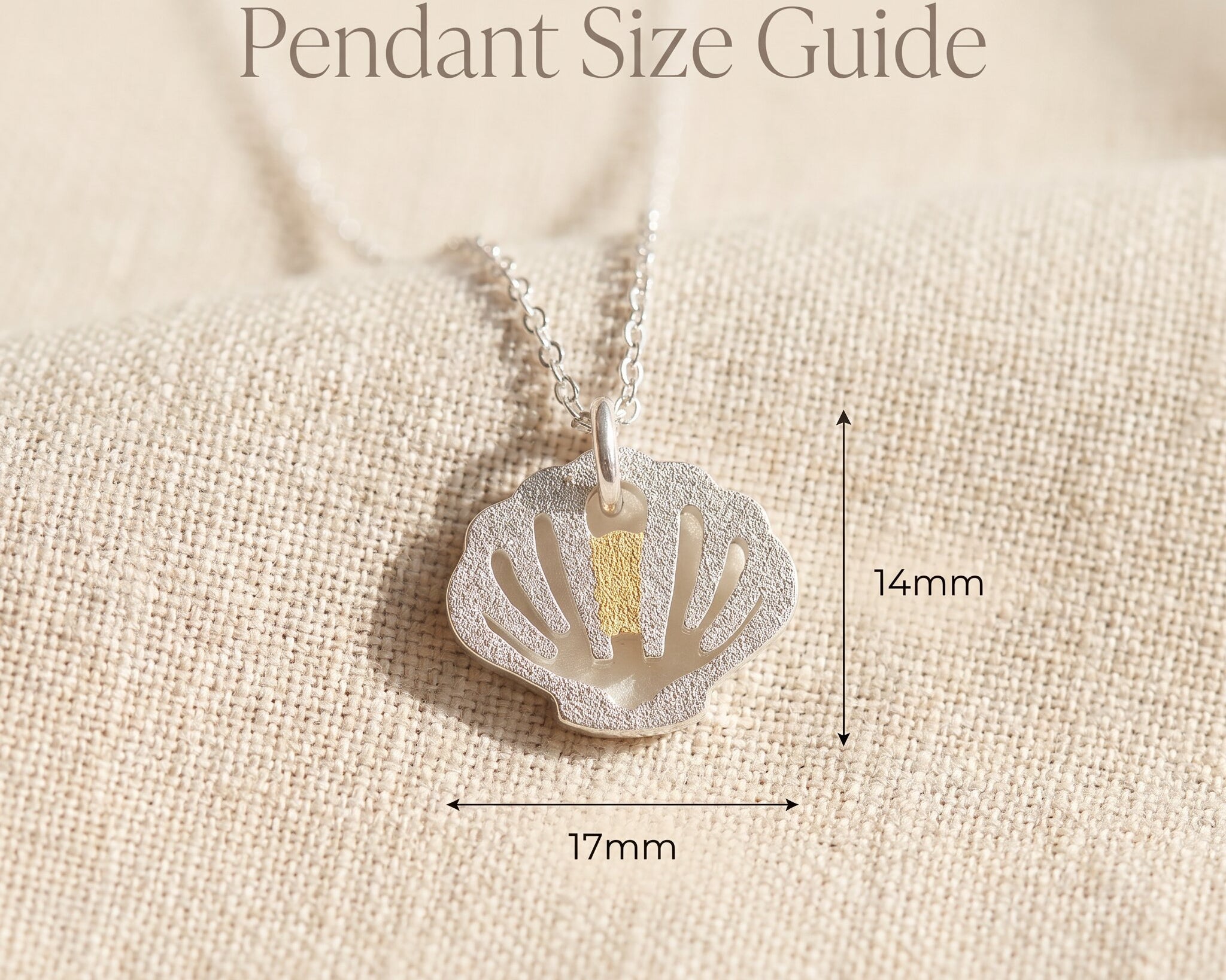 Serenity shell necklace size guide showing pendant dimensions and delicate shell design detail