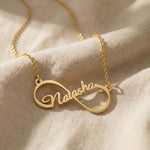 Single infinity name necklace in gold with personalised name, elegant everyday jewellery