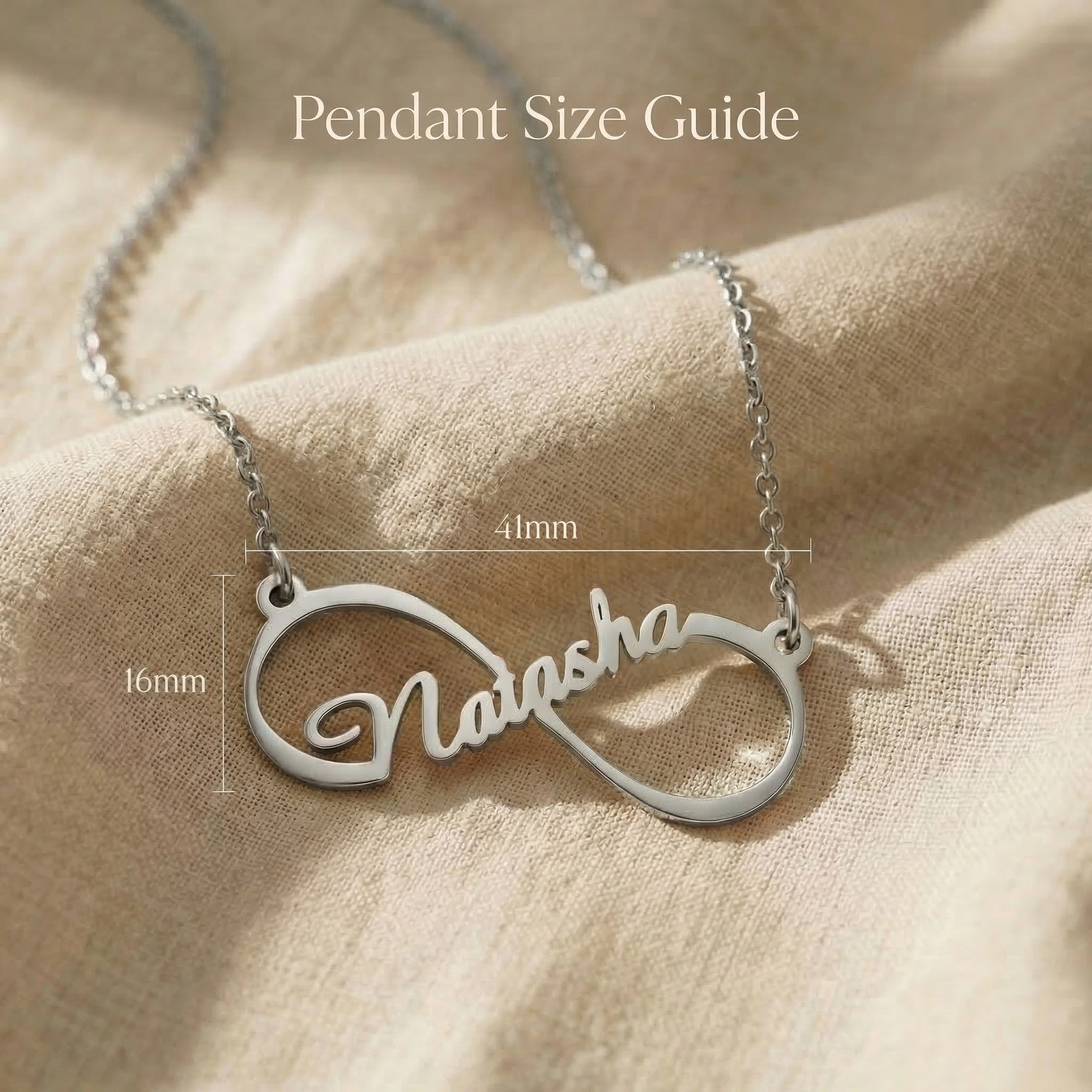 Single infinity name necklace size guide showing pendant dimensions detail