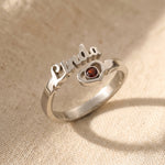 Silver single name ring with custom script engraving and birthstone, elegant jewellery for her