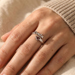 Woman wearing personalised single name ring, custom name jewellery for everyday wear and meaningful gifting