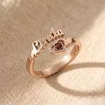Personalised single name ring in rose gold with custom script engraving and birthstone, meaningful jewellery gift for her