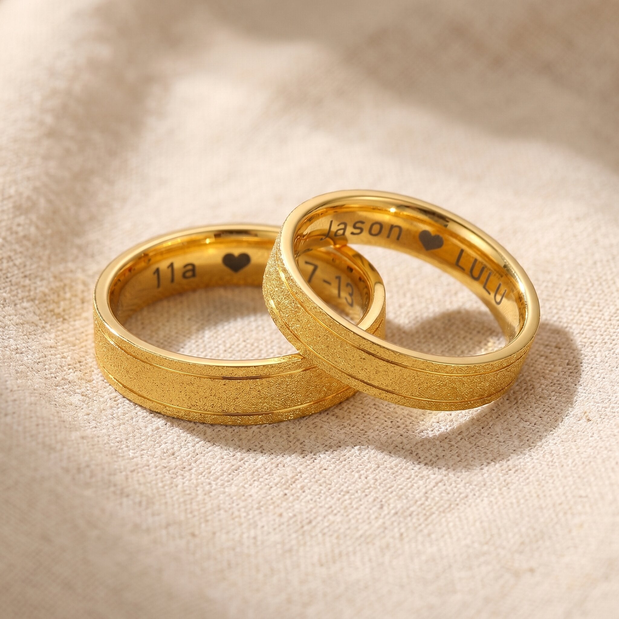 Sparkling love ring in gold with engraved inner detail and textured band, meaningful romantic jewellery gift