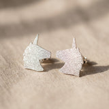 Sparkling unicorn earrings in silver with glitter detail, cute fantasy jewellery gift idea