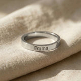 Personalised stackable ring in silver with engraved name, simple and elegant style