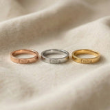 Personalised stackable ring tone comparison showing gold, silver and rose gold finishes
