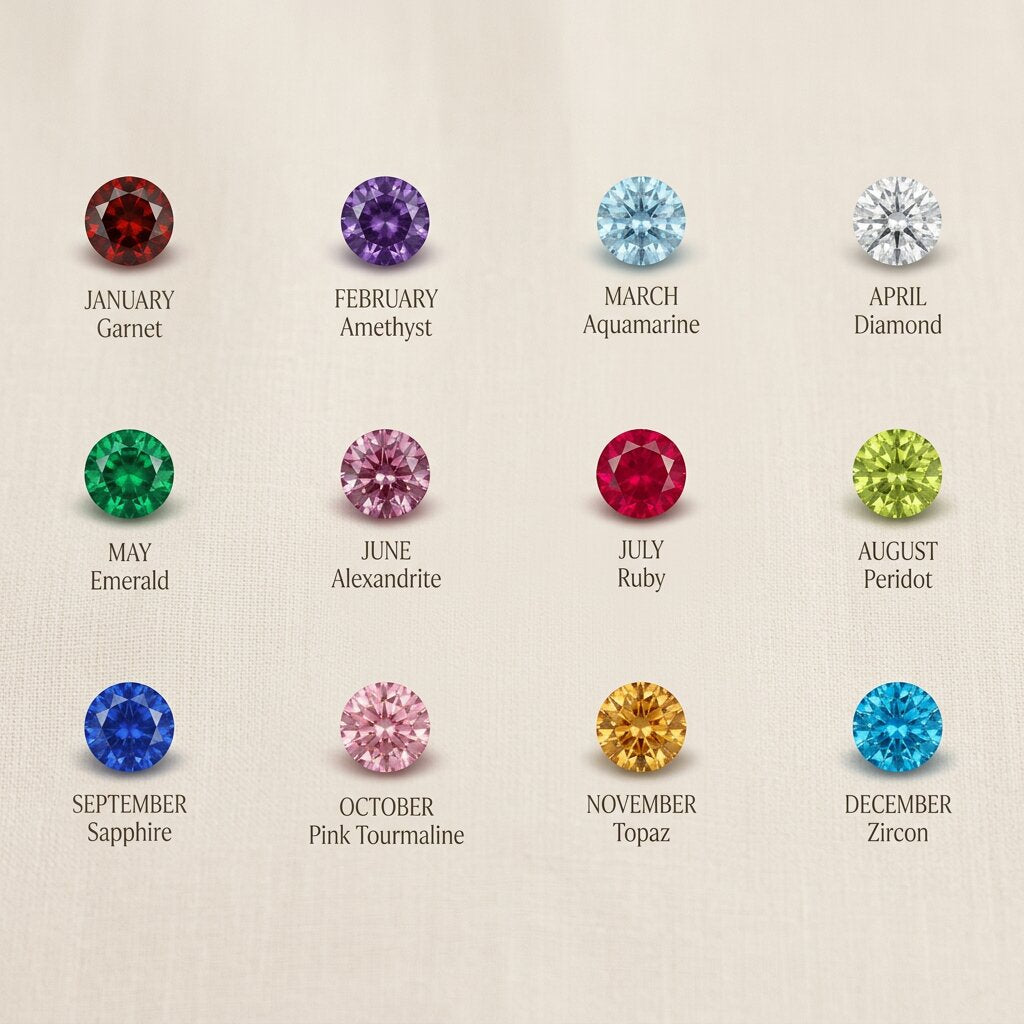Birthstone color chart showing available gemstone options for personalized endless ties bracelet customization