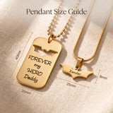 Father and son matching superhero necklace size guide showing dog tag and bat pendant dimensions