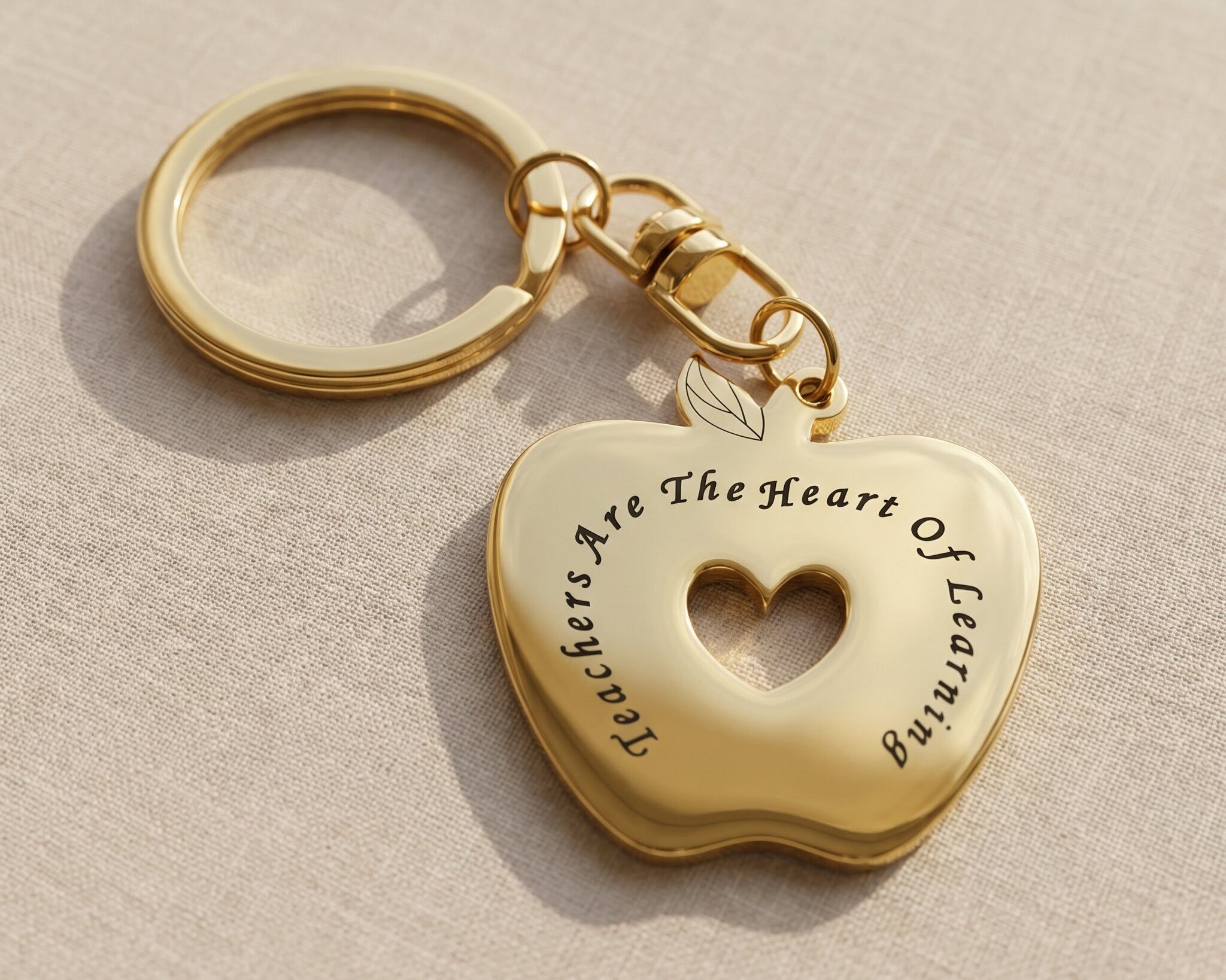 Teacher keyring in gold with apple charm design, thoughtful teacher appreciation gift