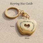Teacher keyring size guide showing apple-shaped keyring dimensions and engraved detail