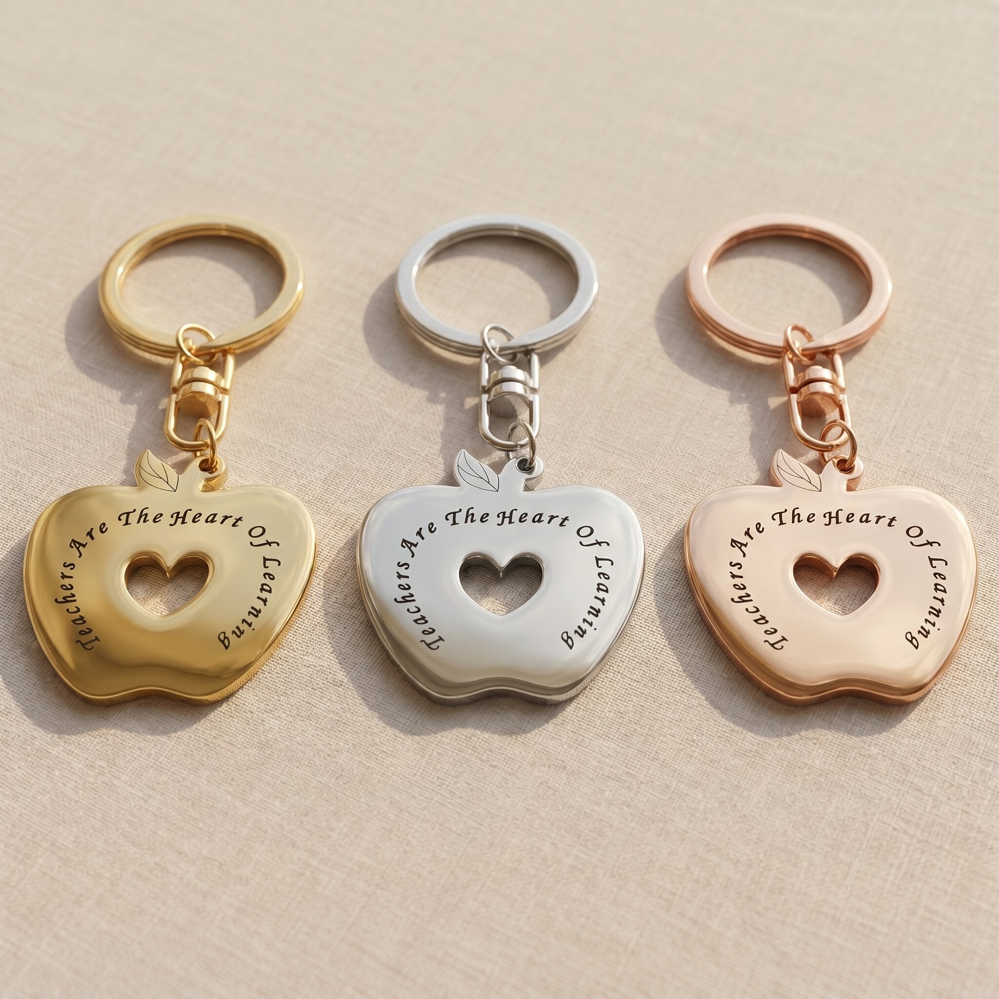 Teacher keyring tone comparison showing gold, silver and rose gold appreciation gift finishes