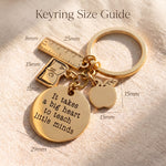 Teacher life keyring size guide showing engraved tag dimensions ruler, book and apple charm detail