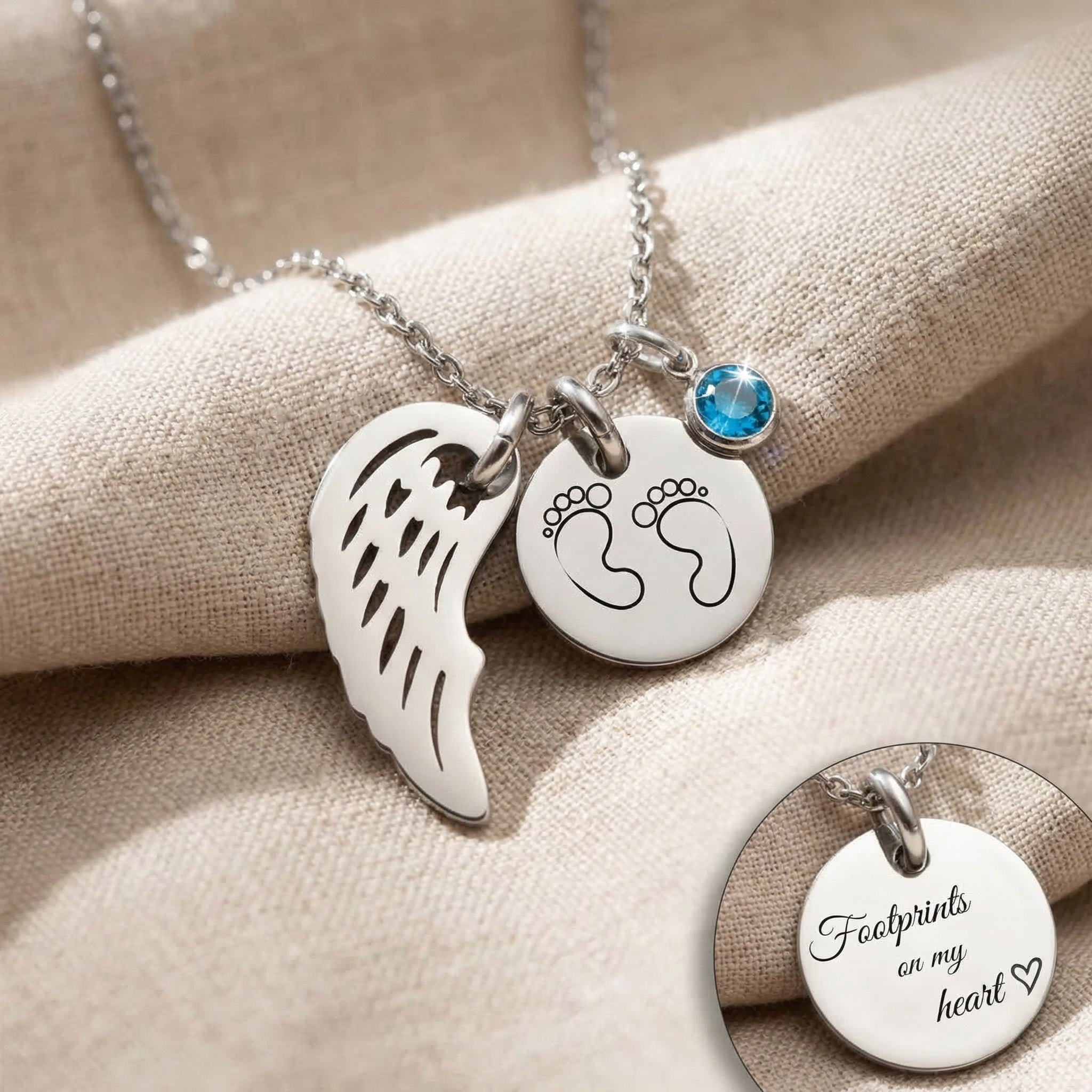 Tokens of Love Necklace with birthstone and angel wing charm, personalised keepsake necklace