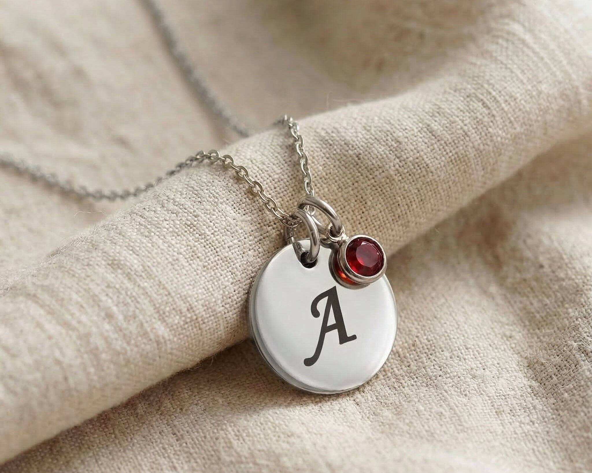 Tokens of Love Necklace in silver with initial charm and birthstone, personalised jewellery