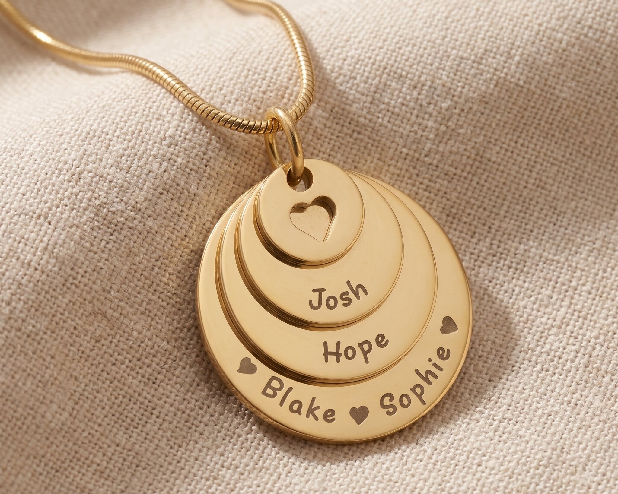 Tower of love necklace in gold with layered engraved discs, meaningful mother keepsake jewellery gift