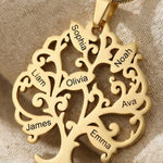Close-up of tree of life necklace with intricate cut-out design and engraved detail