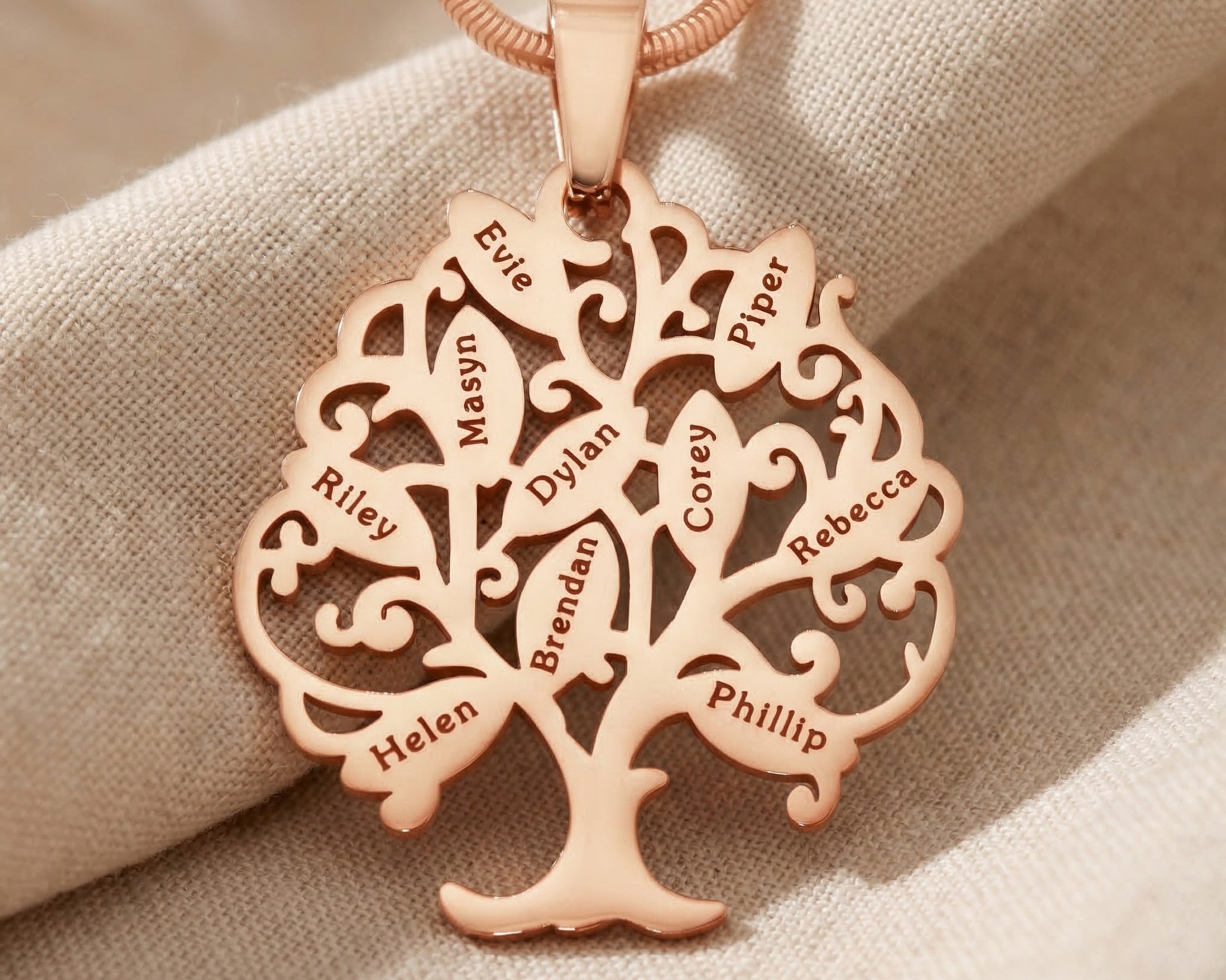 Tree of life necklace with 10 engraved leaf details, personalised family tree design