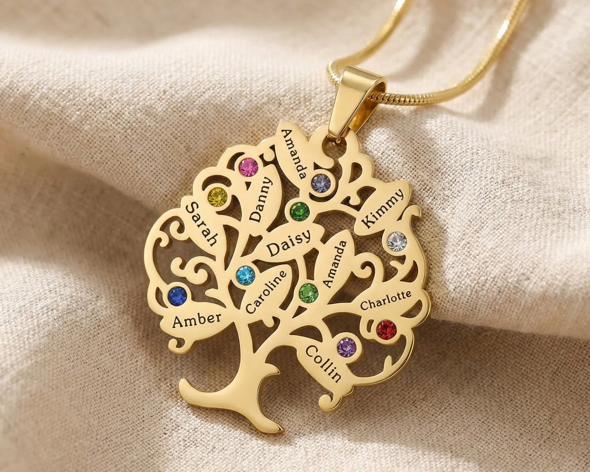 Tree of life necklace with birthstone accents, personalised family jewellery design