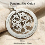 Tree of life necklace with washer size guide showing layered pendant dimensions
