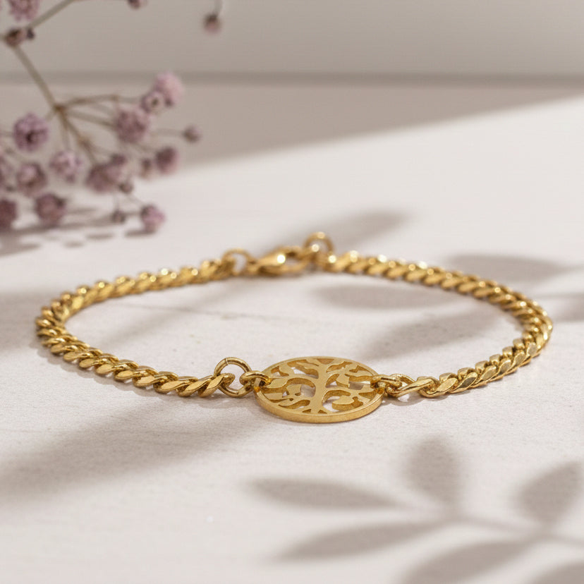 Gold Tree of Life bracelet by Belle Fever with detailed round charm design. Nature inspired jewellery.