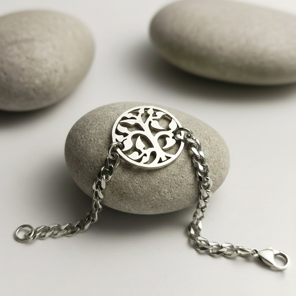 Belle Fever tree bracelet in silver tone displayed on natural stone background. a thoughtful gift for women.