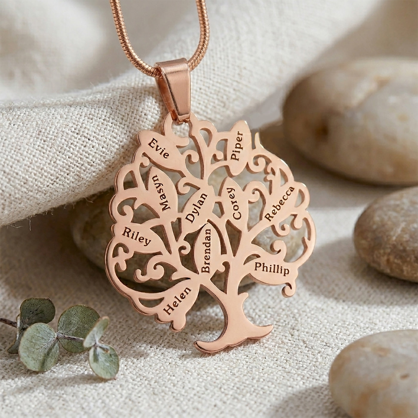 Belle Fever Tree of My Life rose gold necklace, custom engraved name pendant, mother jewellery