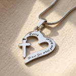 Trust in him necklace in silver with heart and cross pendant, meaningful faith jewellery gift for her