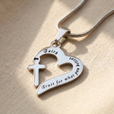 Trust in him necklace in silver with heart and cross pendant, meaningful faith jewellery gift for her