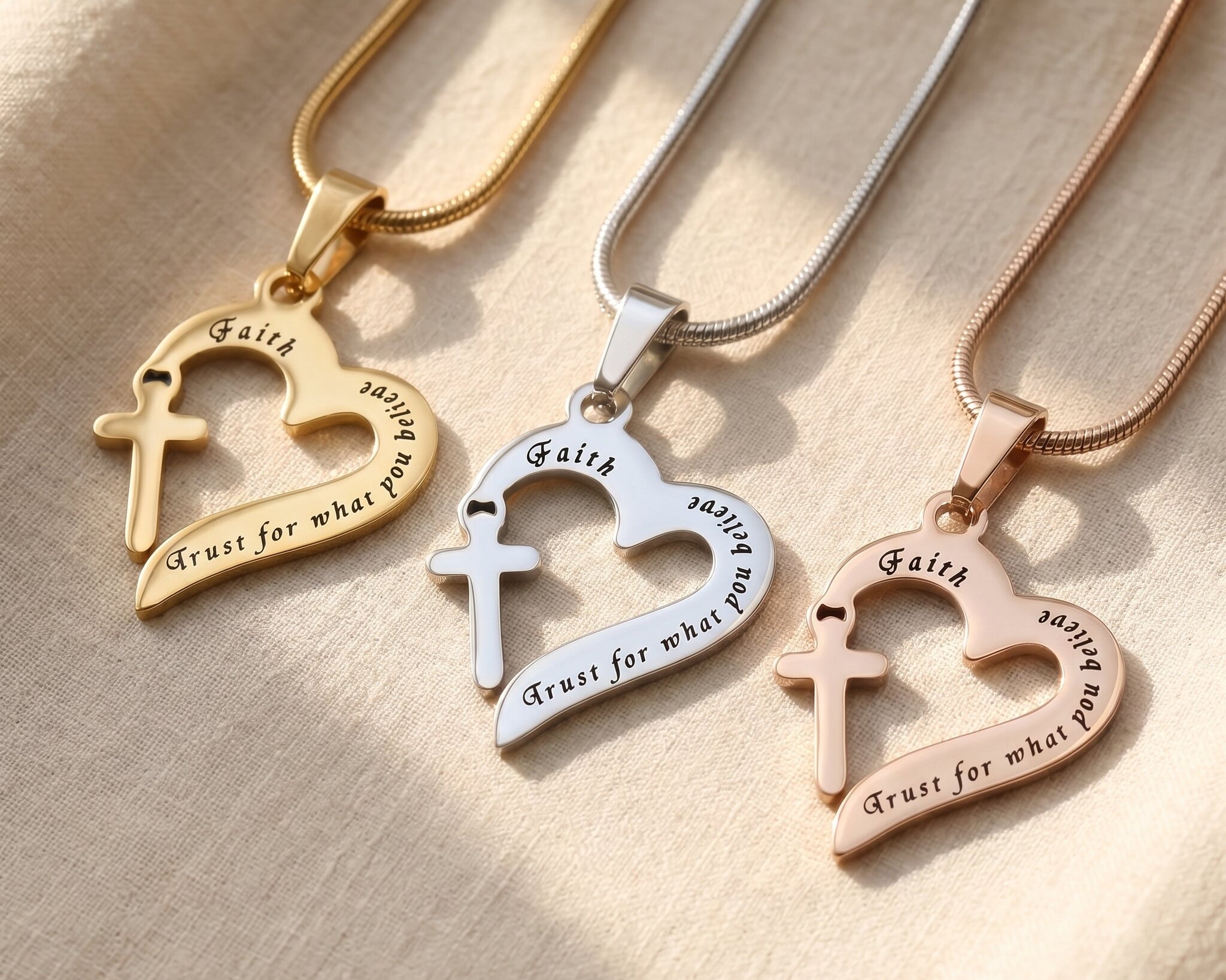Trust in him necklace tone comparison showing gold, silver and rose gold Christian keepsake jewellery