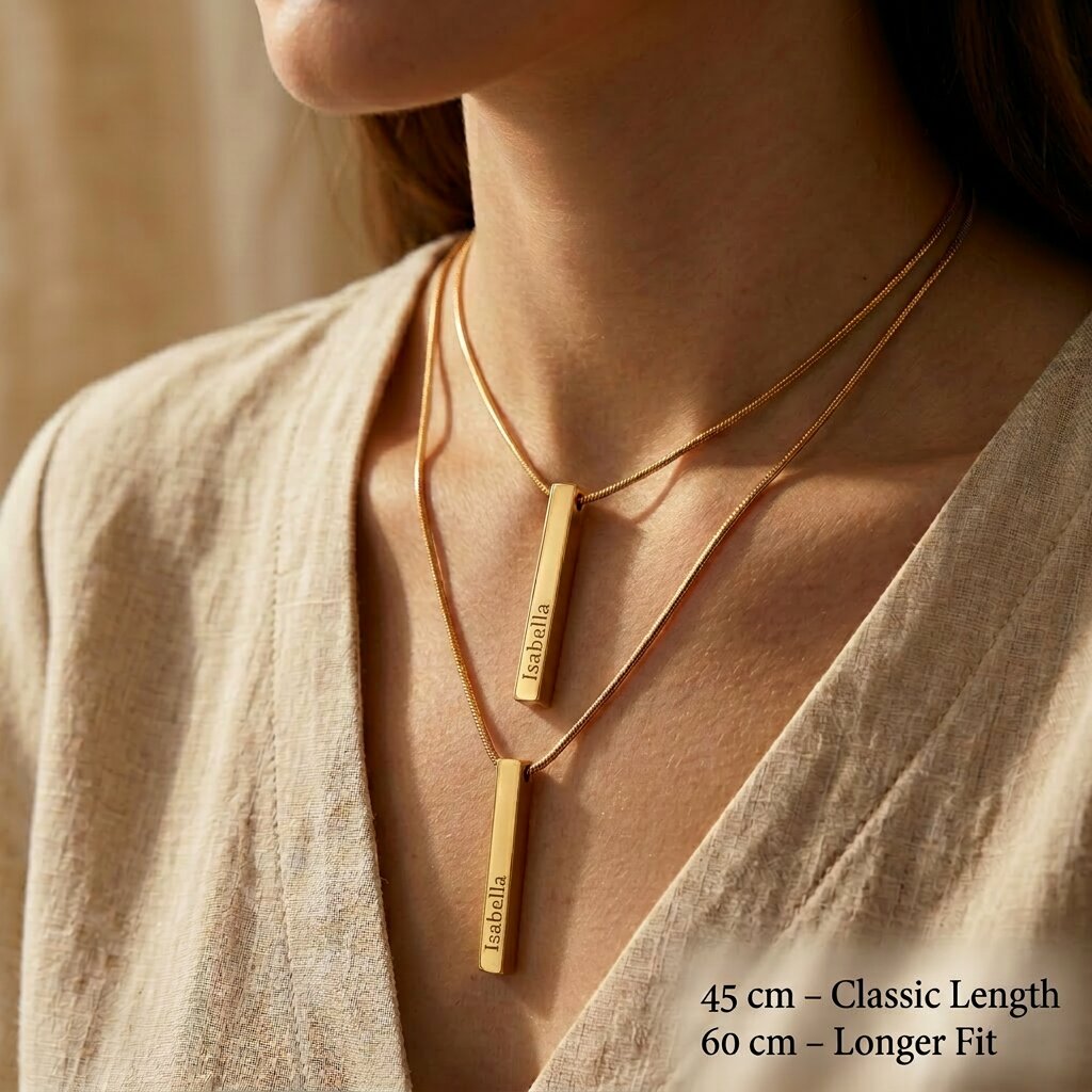 Chain length guide for vertical bar necklace showing adjustable necklace length options