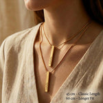 Chain length guide for vertical bar necklace showing adjustable necklace length options