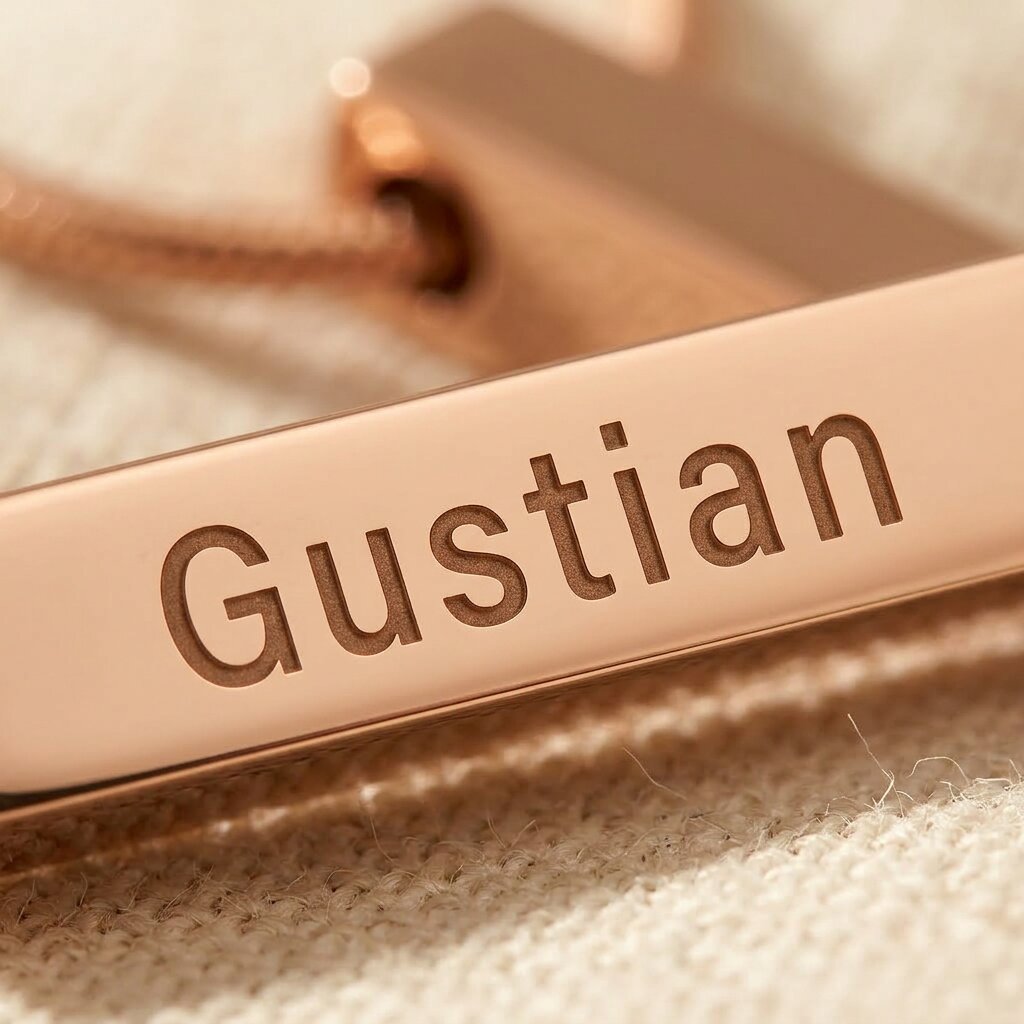 Close up of vertical bar necklace showing engraved name detail on bar pendant