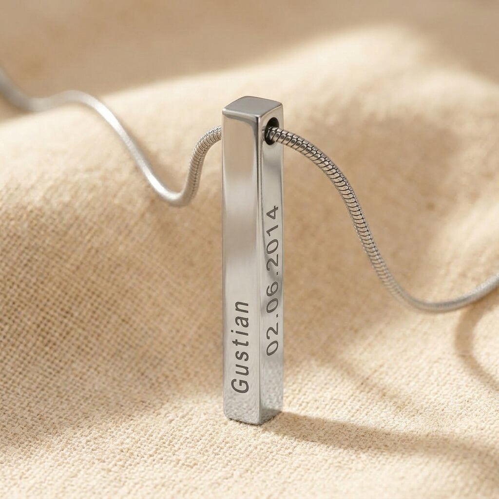 Vertical bar necklace showing engraving customization options on bar pendant