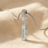 Vertical bar necklace showing engraving customization options on bar pendant