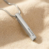 Silver vertical bar necklace with engraved bar pendant on delicate chain