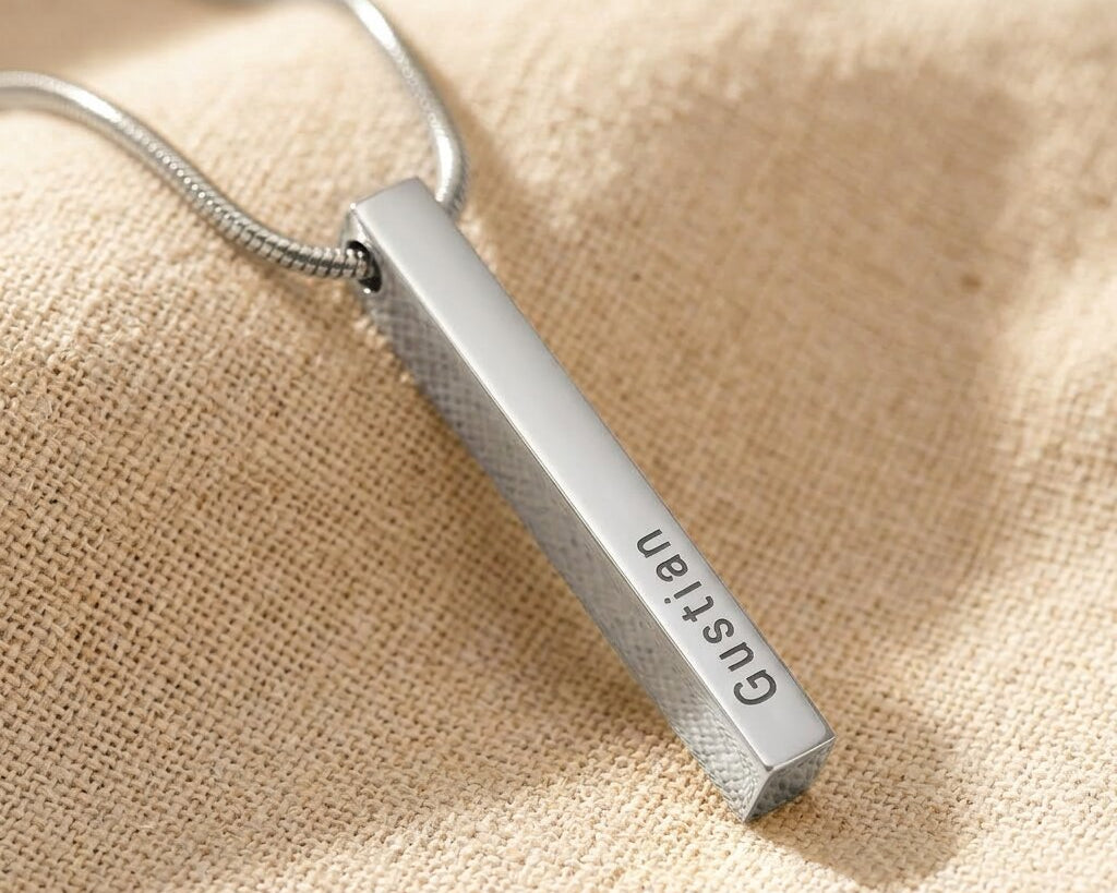 Silver vertical bar necklace with engraved bar pendant on delicate chain