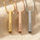 Vertical bar necklace showing different metal finishes with engraved bar pendant design