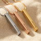 Vertical bar necklace in gold silver and rose gold finishes with engraved bar pendant